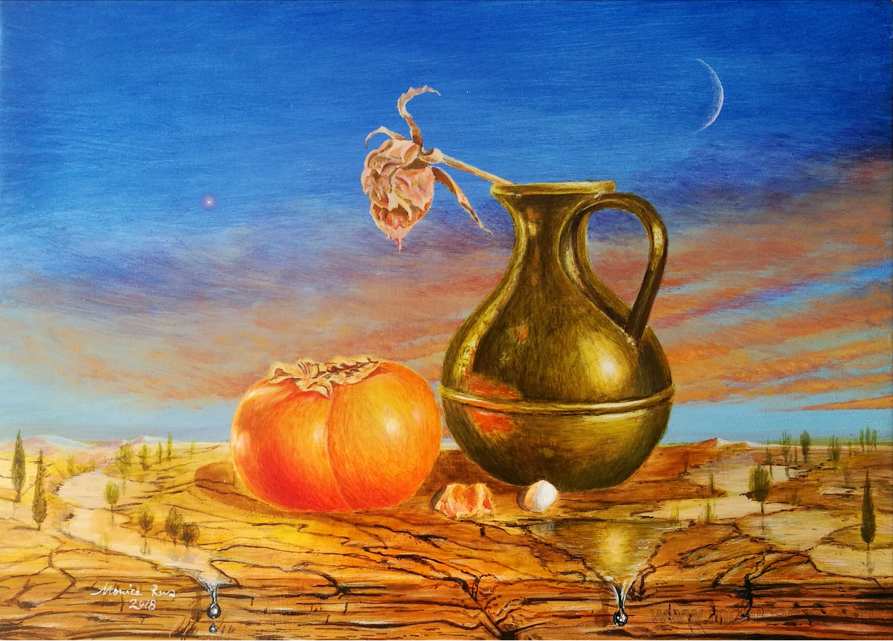 Still life with Persimmon, acrylic painting by Monica Rus, still life, sky, surrealism.
