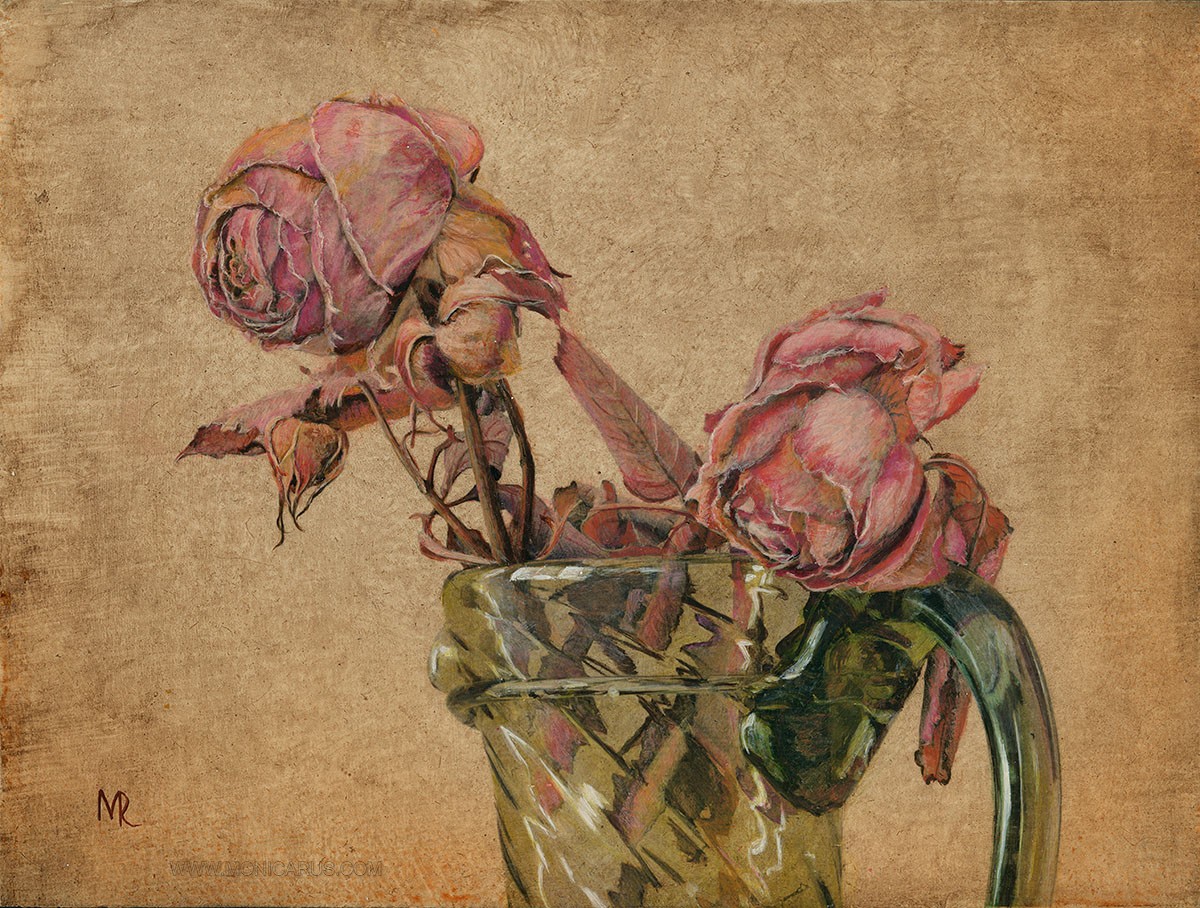 Painting by Monica Rus in acrylic on panel, pink roses, still life.